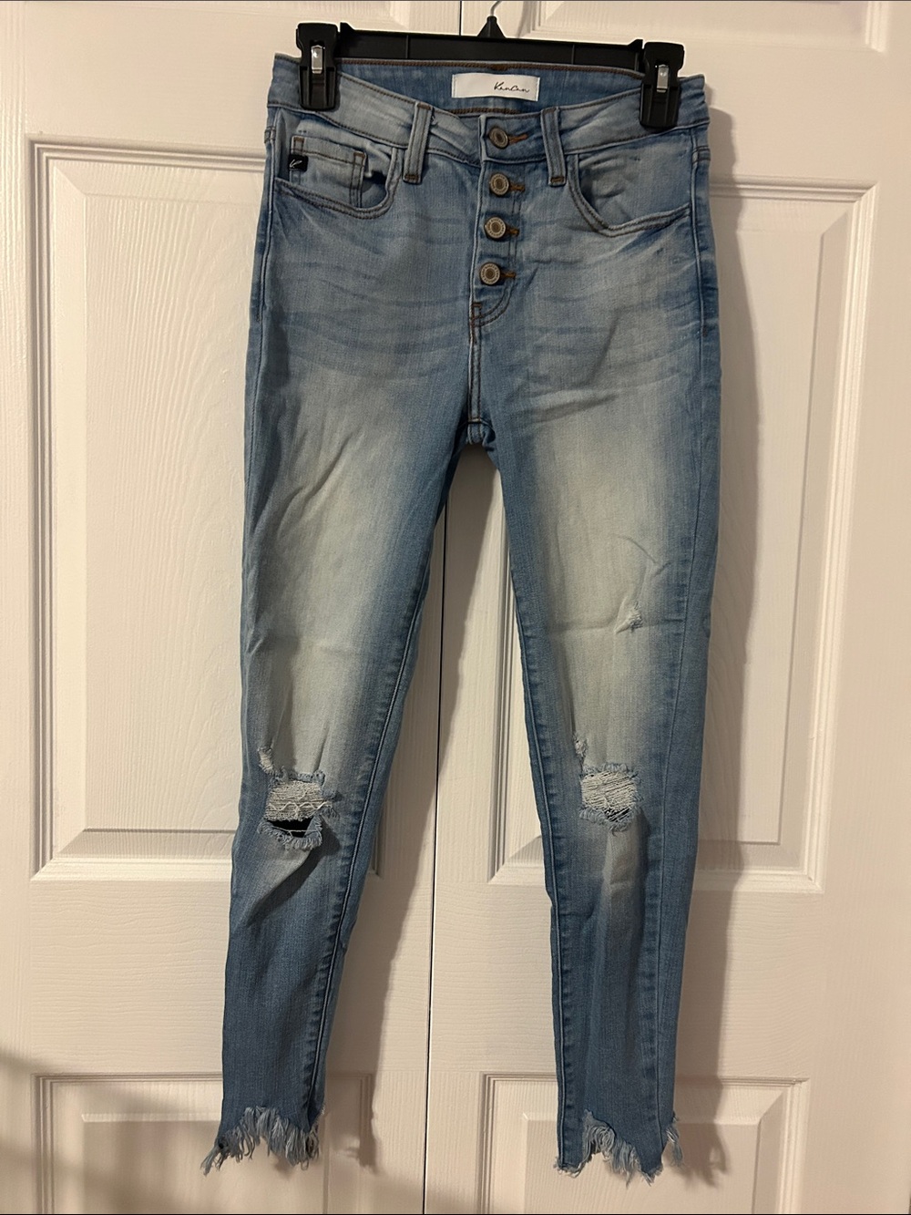 KanCan Light Wash Skinny Jeans with Button Fly and Distressed Knees